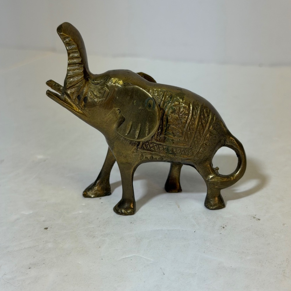 Vintage Solid Brass Elephant Figurine Trunk Up Lucky Statue Made in India 4 inch